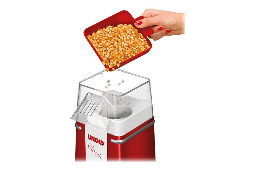 48525   Popcorn Maskine   Metallisk Rød Sølv Hvid fra Unold