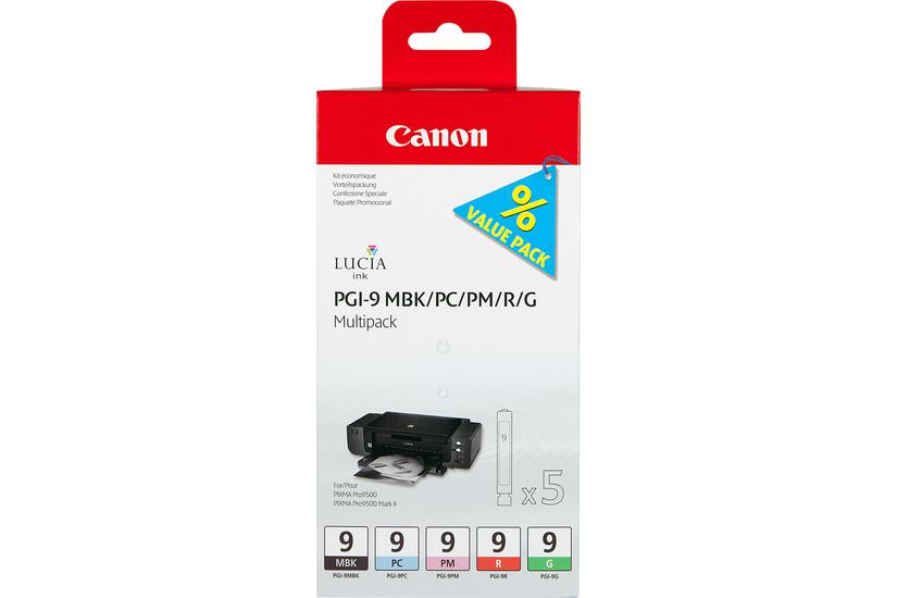 Pgi 9 Mbk Pc Pm R G Multi Pack   5 Pakker   Rød, Grøn, Mat Sort, Fotocyan, Fotomagenta   Original   Blækbeholder fra Canon